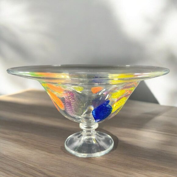 Dansk Burchetta Millefiori Leaf Design Art Glass Crystal Pedestal Bowl Dish VTG - Picture 2 of 14